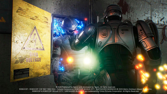 RoboCop: Rogue City - Unfinished Business PS5 game case with cover art featuring RoboCop in futuristic city scene, published by Nacon.