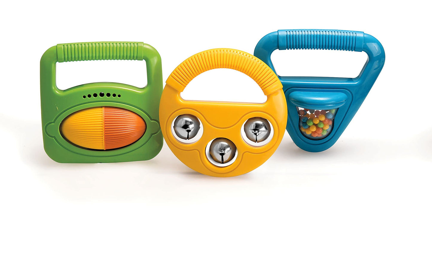 Halilit Musical Baby Shapes Musical Instrument Gift Set. Shaker Maraca, Ring my Bell and Rattle Roller. 3 Brightly Coloured, Durable, Sensory Music Toys. Suitable infants Boys & Girls 3 Months +