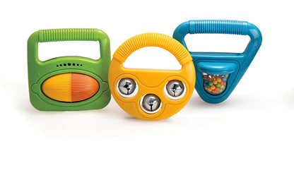 Halilit Musical Baby Shapes Musical Instrument Gift Set. Shaker Maraca, Ring my Bell and Rattle Roller. 3 Brightly Coloured, Durable, Sensory Music Toys. Suitable infants Boys & Girls 3 Months +