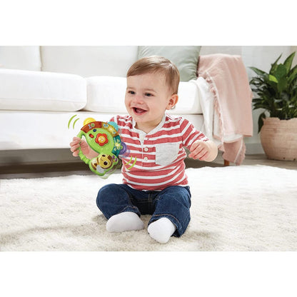 VTech Baby Shaking Sounds Tambourine with lights, music, and colors, designed as a sensory toy for infants and toddlers.