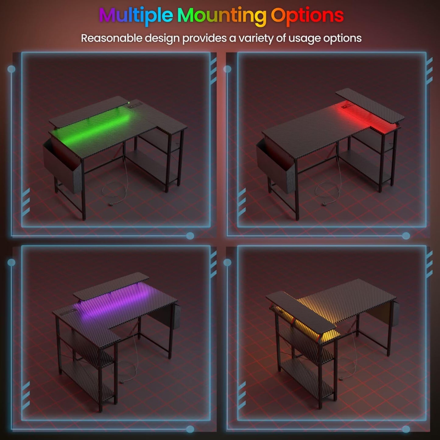 DOMSHOCT L-shaped gaming desk with LED lights, monitor stand, storage bag, adjustable shelves, in carbon black for home office use