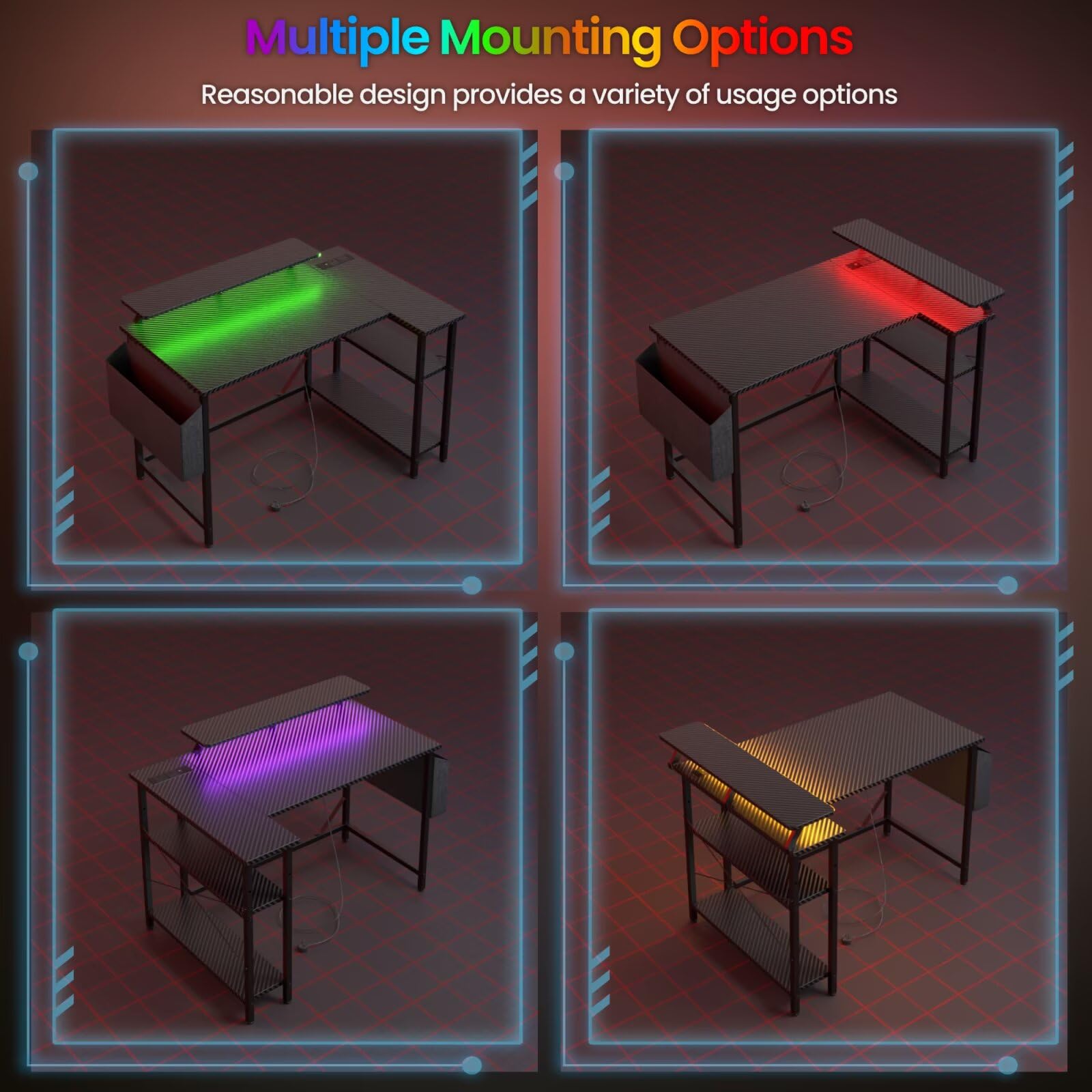 DOMSHOCT L-shaped gaming desk with LED lights, monitor stand, storage bag, adjustable shelves, in carbon black for home office use