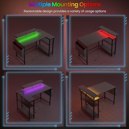 DOMSHOCT L-shaped gaming desk with LED lights, monitor stand, storage bag, adjustable shelves, in carbon black for home office use