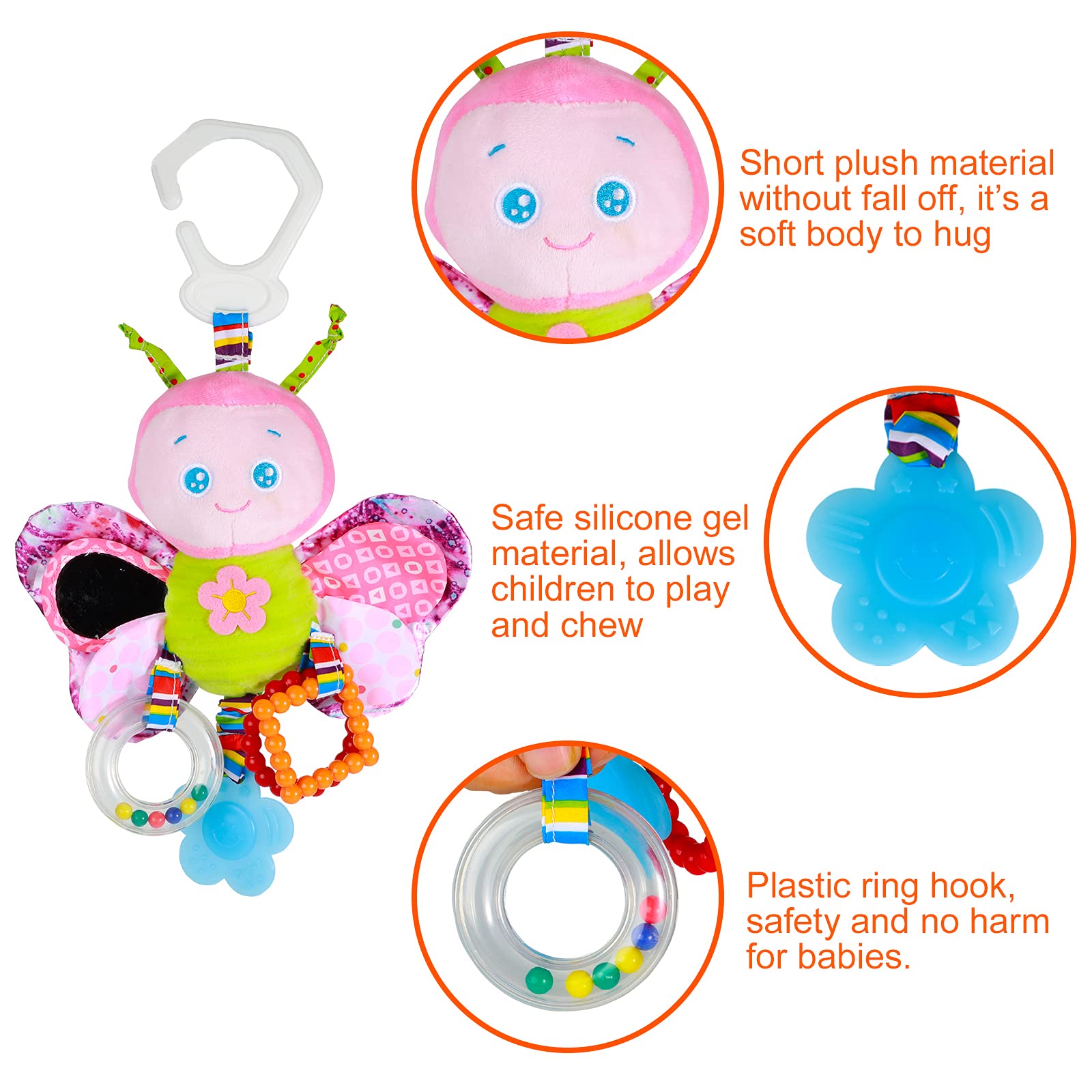 Funsland baby pram toy clip with hanging rattle, soft sensory toy for infants and toddlers in a colorful design on a stroller.