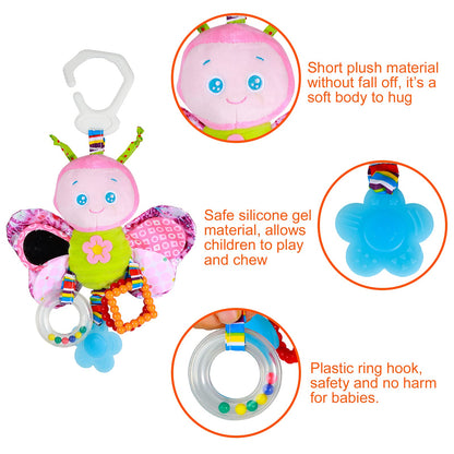 Funsland baby pram toy clip with hanging rattle, soft sensory toy for infants and toddlers in a colorful design on a stroller.