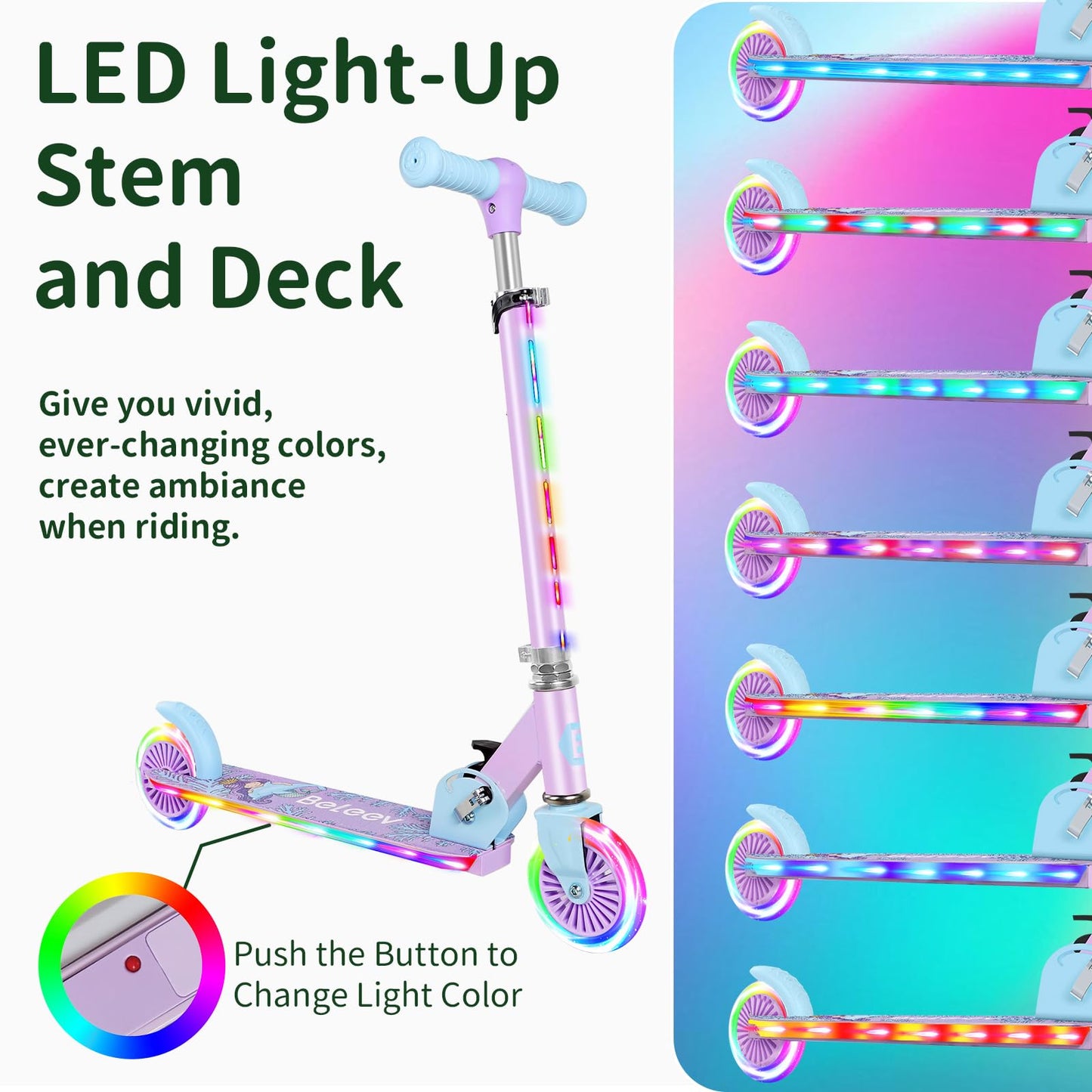 BELEEV V2 kids' scooter with light-up wheels, adjustable stem, non-slip deck, and lightweight design for children ages 3-12.