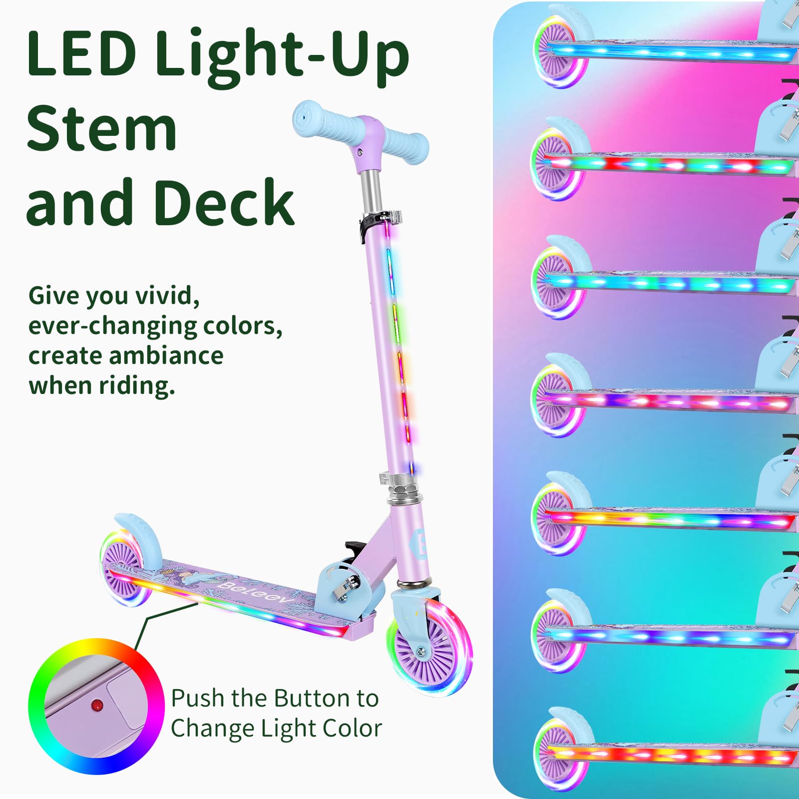 BELEEV V2 kids' scooter with light-up wheels, adjustable stem, non-slip deck, and lightweight design for children ages 3-12.