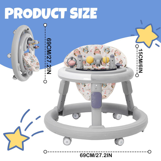 EULEUY 3-in-1 foldable baby walker with adjustable height, 360° quiet wheels, dinner tray, and music game center for toddlers.