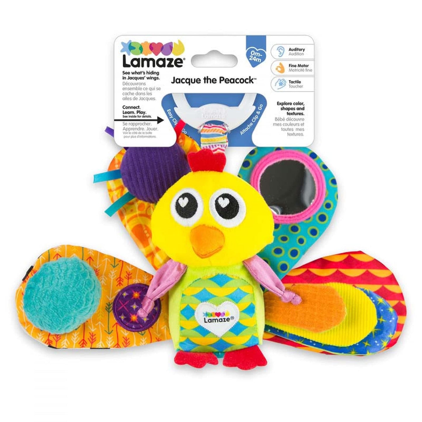 LAMAZE Jacques the Peacock sensory clip-on toy for newborns, suitable for prams and pushchairs, colorful and engaging for babies.