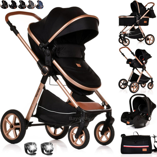 Baby Pram Pushchair Buggy Stroller 3 in 1 with Car Seat Child Lightweight Folding Stroller 3 in 1 Travel System Pram for Newborns Toddlers from Birth New 2026 Style FREEBIES (BBC - Black Gold, BBC)