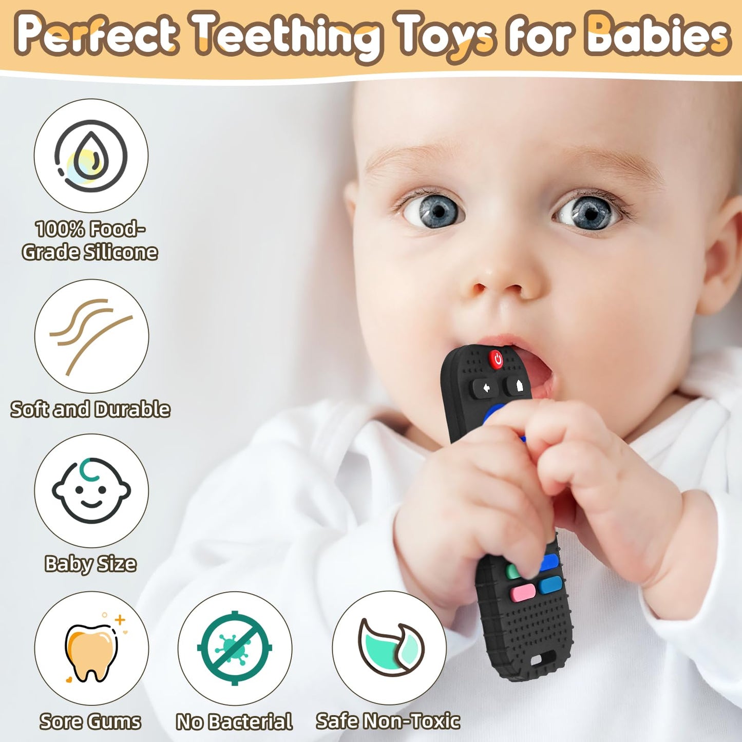 Black silicone teething sensory toys for babies, shaped like remote controls, suitable for newborns and infants up to 12 months.