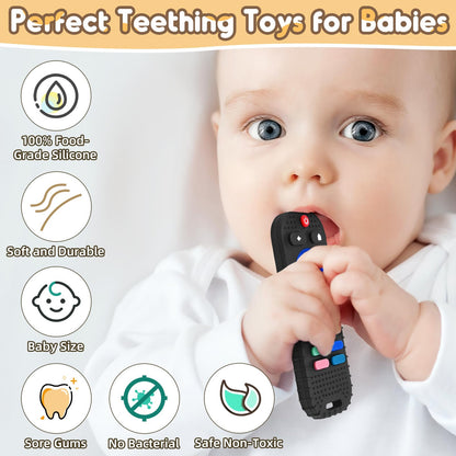 Black silicone teething sensory toys for babies, shaped like remote controls, suitable for newborns and infants up to 12 months.