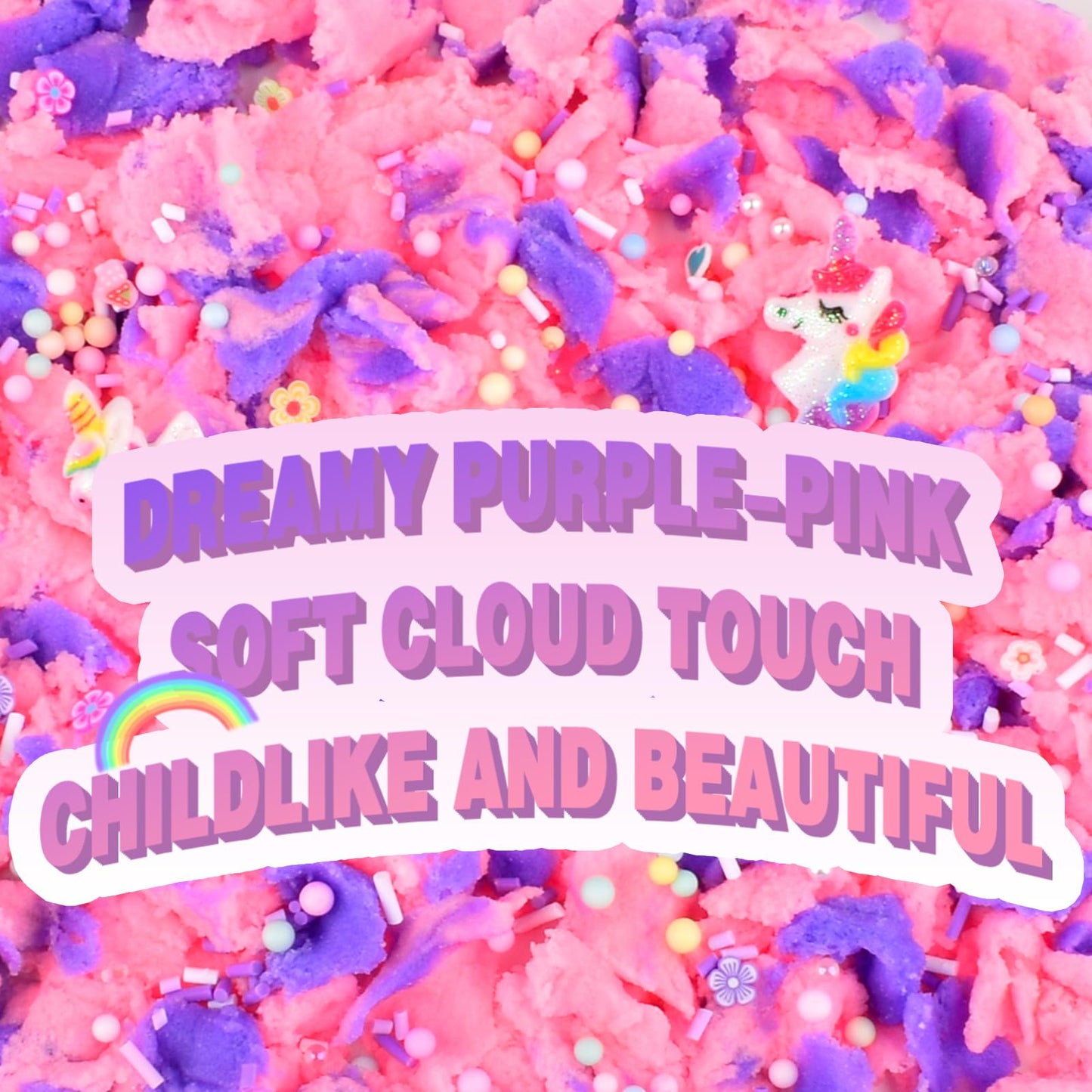 Pink and purple unicorn cloud slime with rainbow charms, soft scented stretchy sensory toy for kids by Petyuioyu.