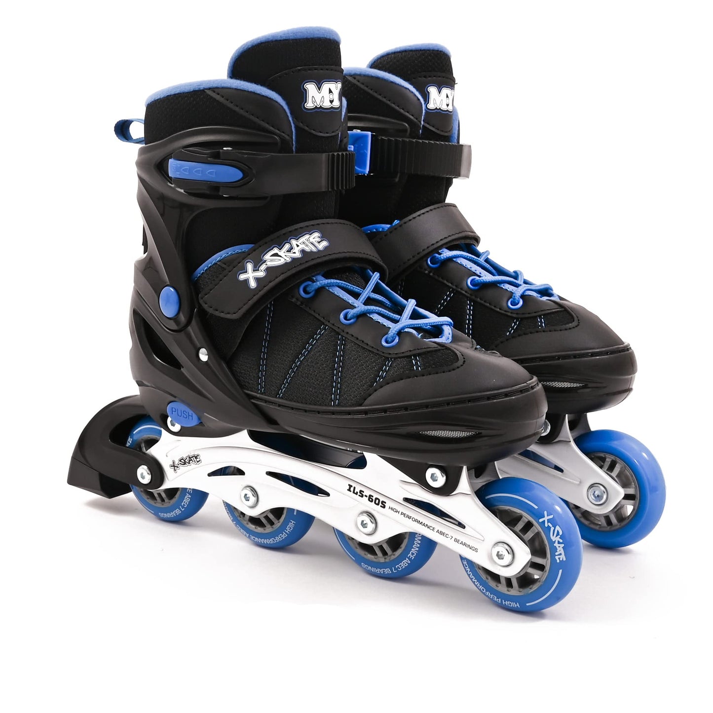 M.Y X-Skate Adjustable Blue Inline Roller Skates with Built In Adjusters Kids Roller Boots for Boys & Girls - Medium