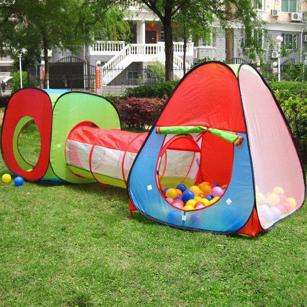 Colorful 3-in-1 kids' pop-up play tent and tunnel set by Tech Traders, foldable indoor and outdoor toddler play tent with storage bag.