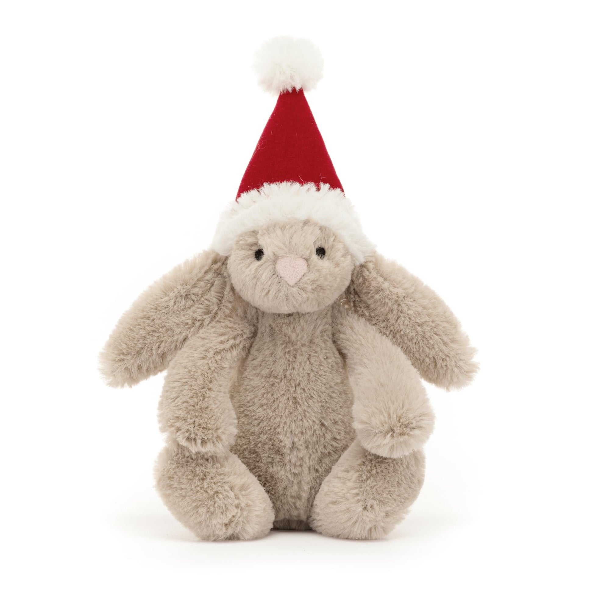 Bashful Christmas Bunny decoration by Jellycat, featuring soft fabric and festive design, 13 cm tall and 5 cm long.