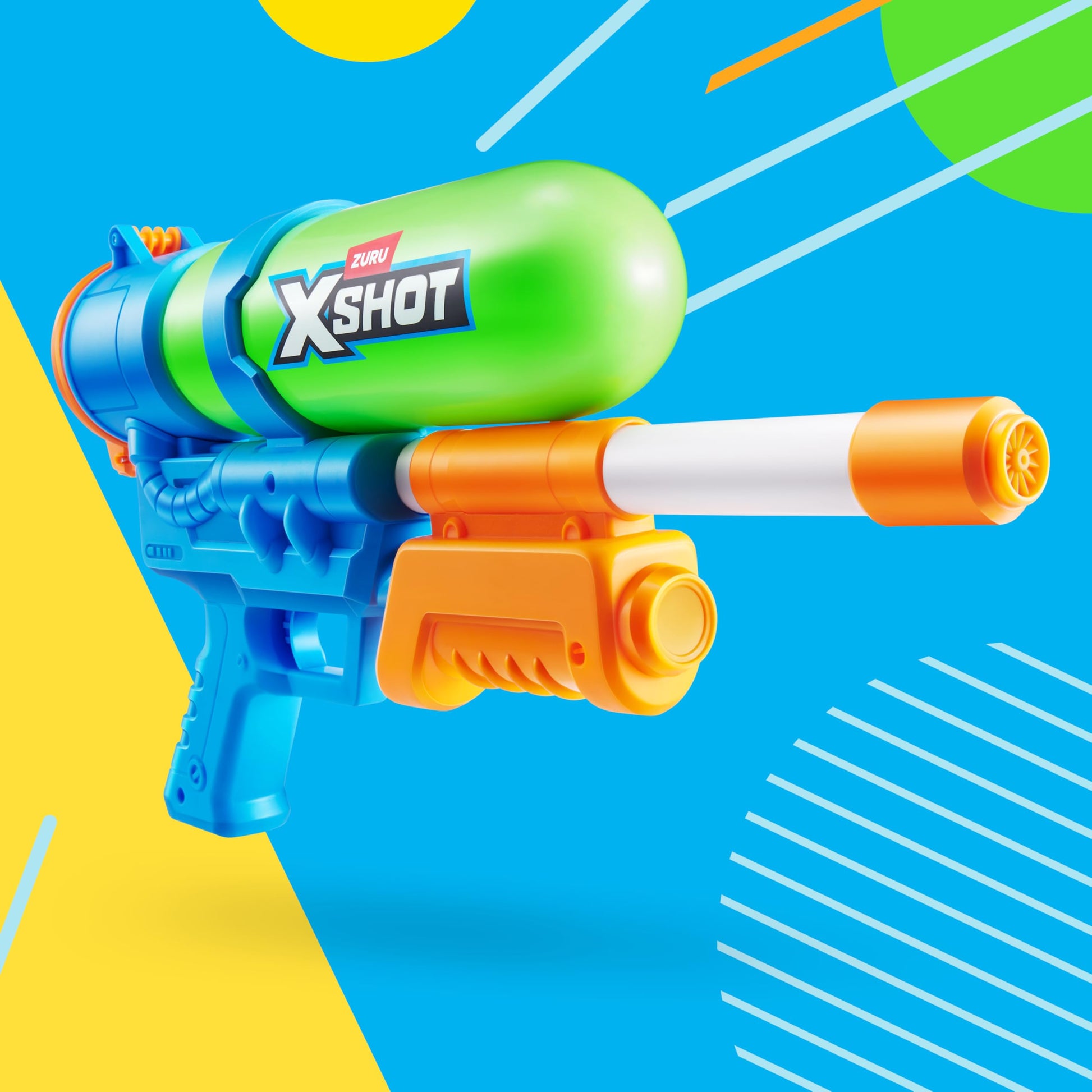 XSHOT Water Fast-Fill 80s Super Splash water blaster in green with 33ft range and 500ml tank, outdoor summer water toy for kids.