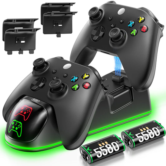 OIVO Xbox controller charging dock with two 5580mWh rechargeable battery packs for Xbox One and Series X/S controllers.