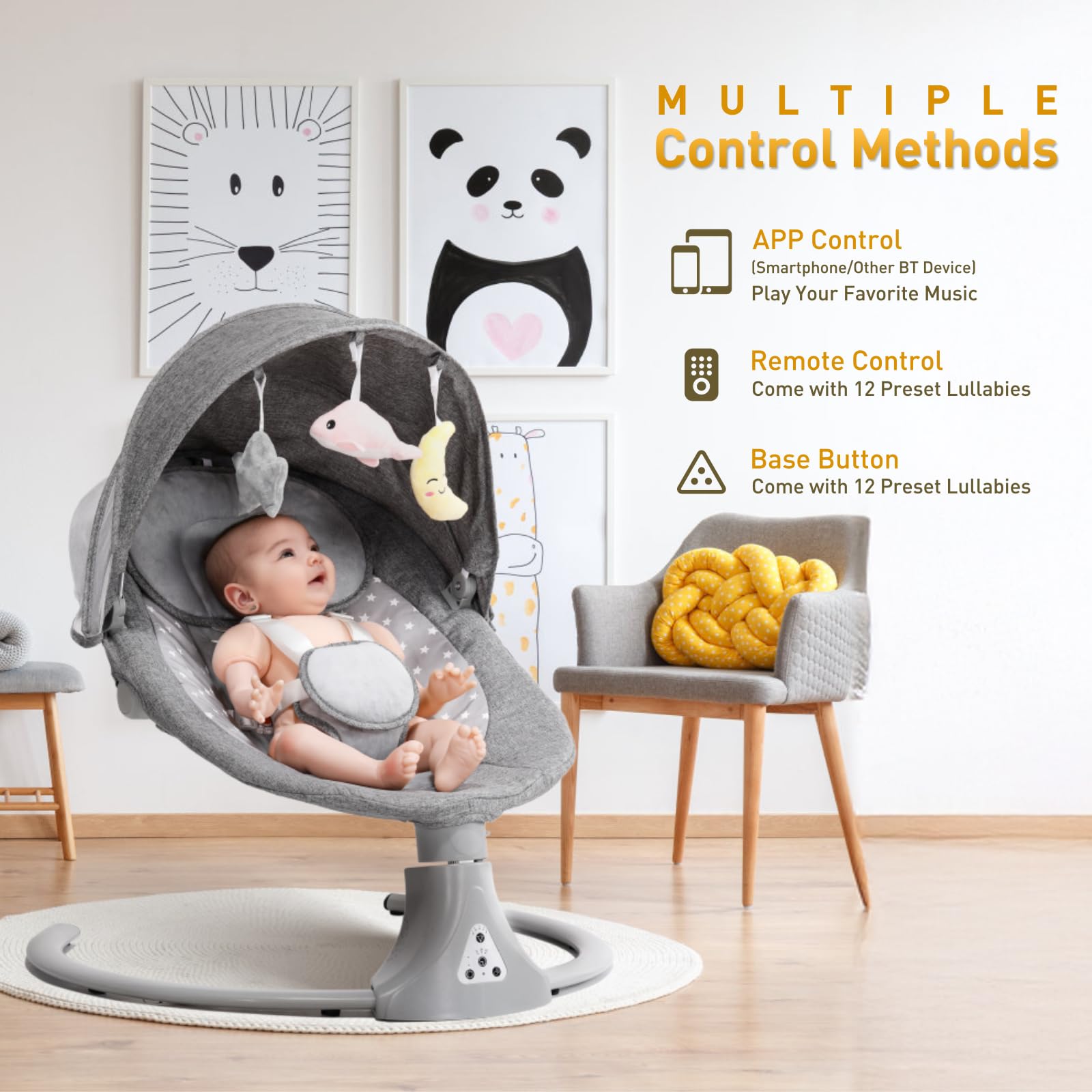 Gray Kisdream baby swing chair with Bluetooth remote, 5-speed bouncer, adjustable angles, and lullabies for newborns.