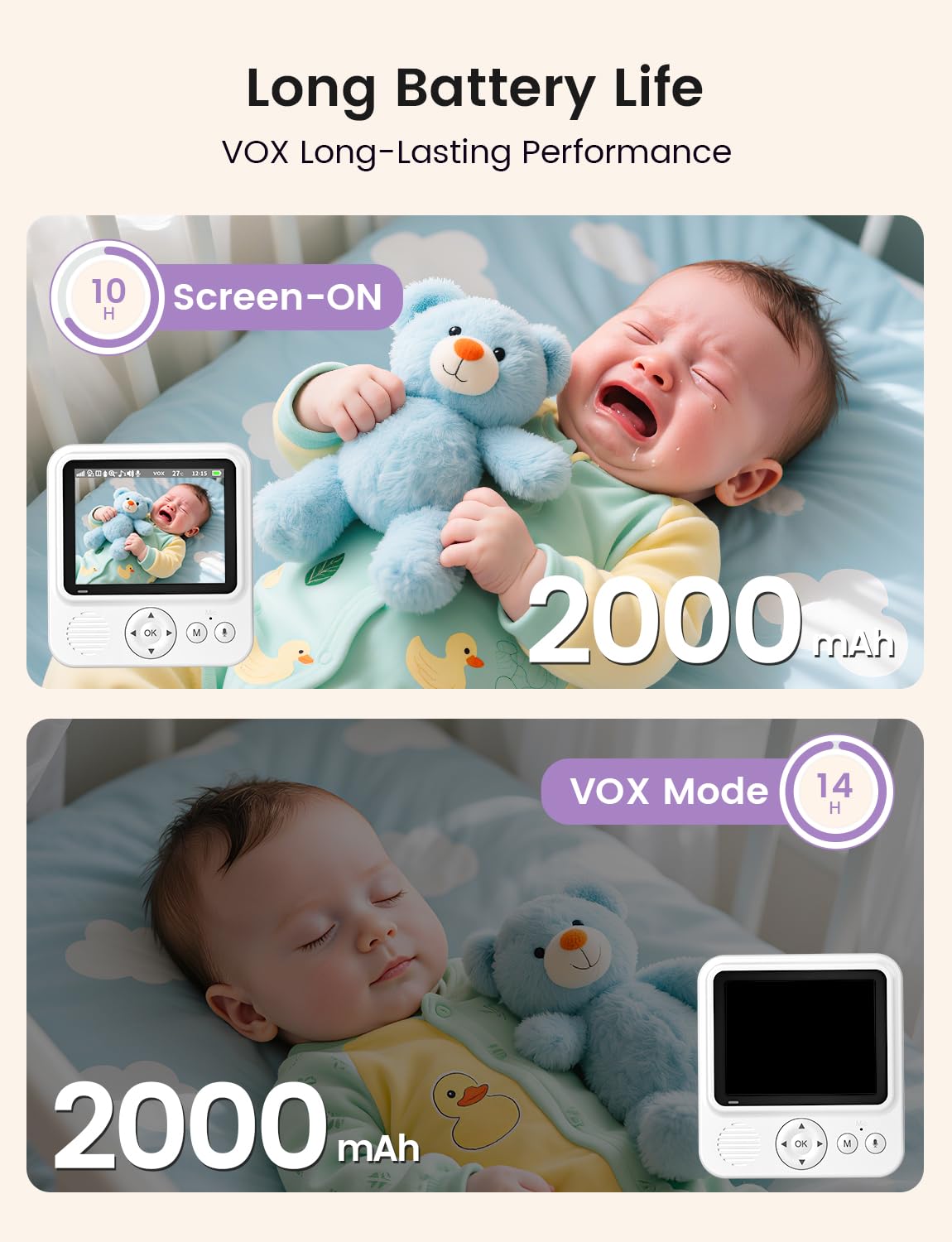 BURNNOVE baby monitor with camera, night vision, 2-way talk, temperature sensor, lullabies, and 300m range for infant monitoring.