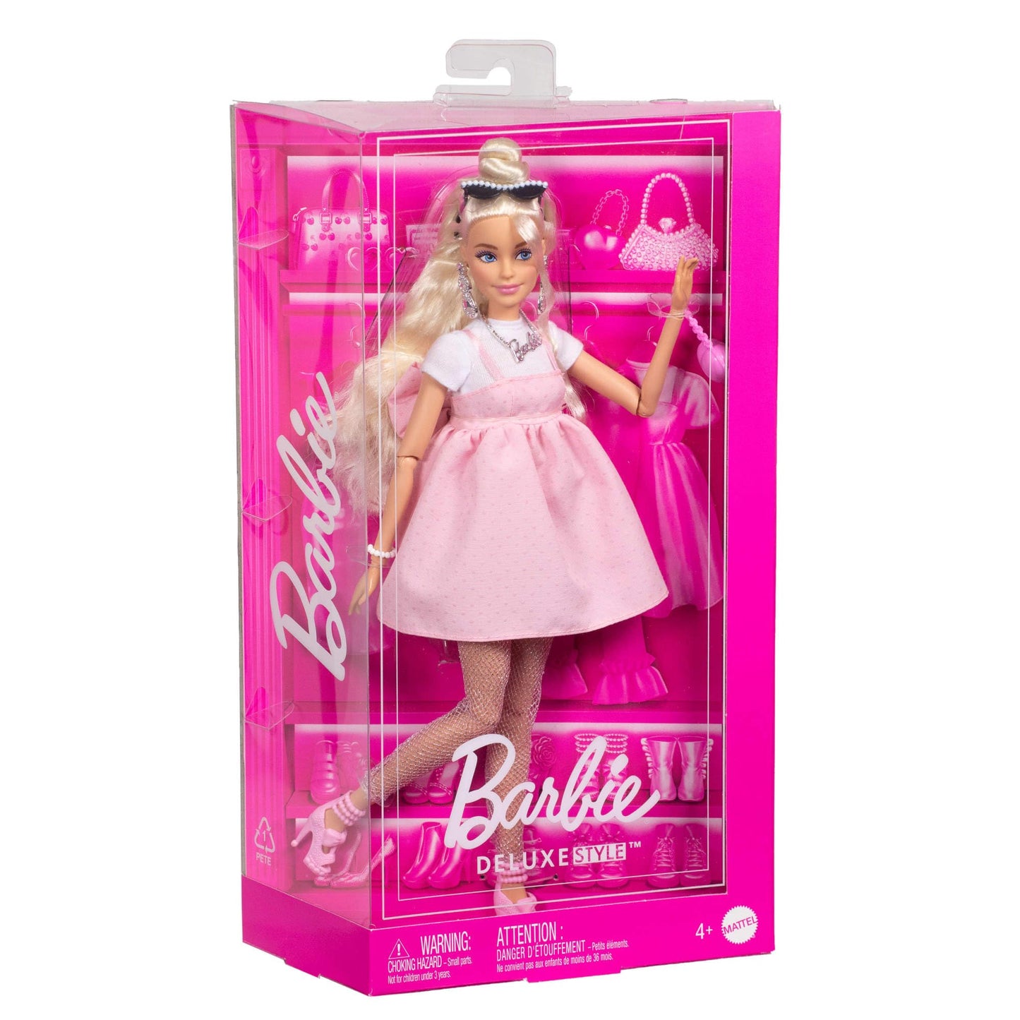 Barbie Deluxe Style Doll #3 in Barbiecore Outfit, Blond Hair in Top Knot, Pink Pastel Dress with Oversized Bow and Accessories Like Mesh Tights