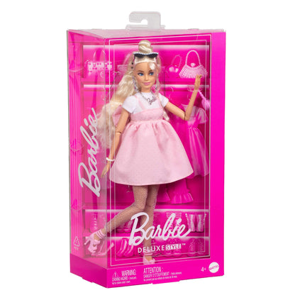 Barbie Deluxe Style Doll #3 in Barbiecore Outfit, Blond Hair in Top Knot, Pink Pastel Dress with Oversized Bow and Accessories Like Mesh Tights