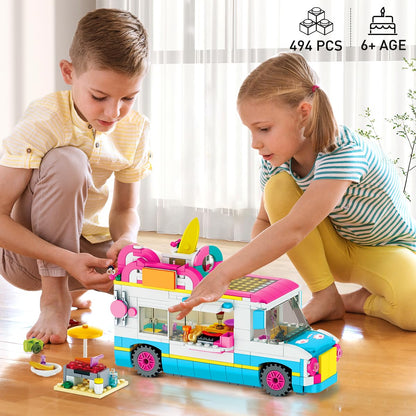 CUBIMANA 3-in-1 cat-themed building set featuring camper van, ice cream truck, city bus with slide and stickers for kids