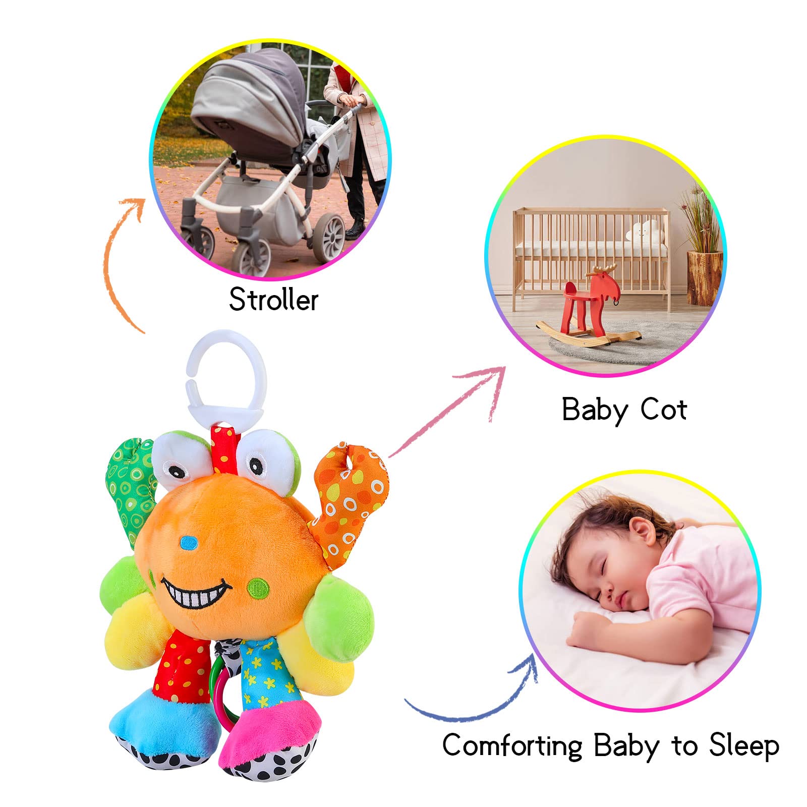 MEERO LONDON CB2203 crab clip-on toy with teether, sensory toy for newborns, suitable for prams and pushchairs.