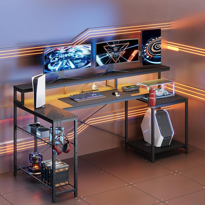Bestier 181cm L-shaped gaming desk with RGB LED lights, monitor stand, storage shelf, cup holder, and USB ports.