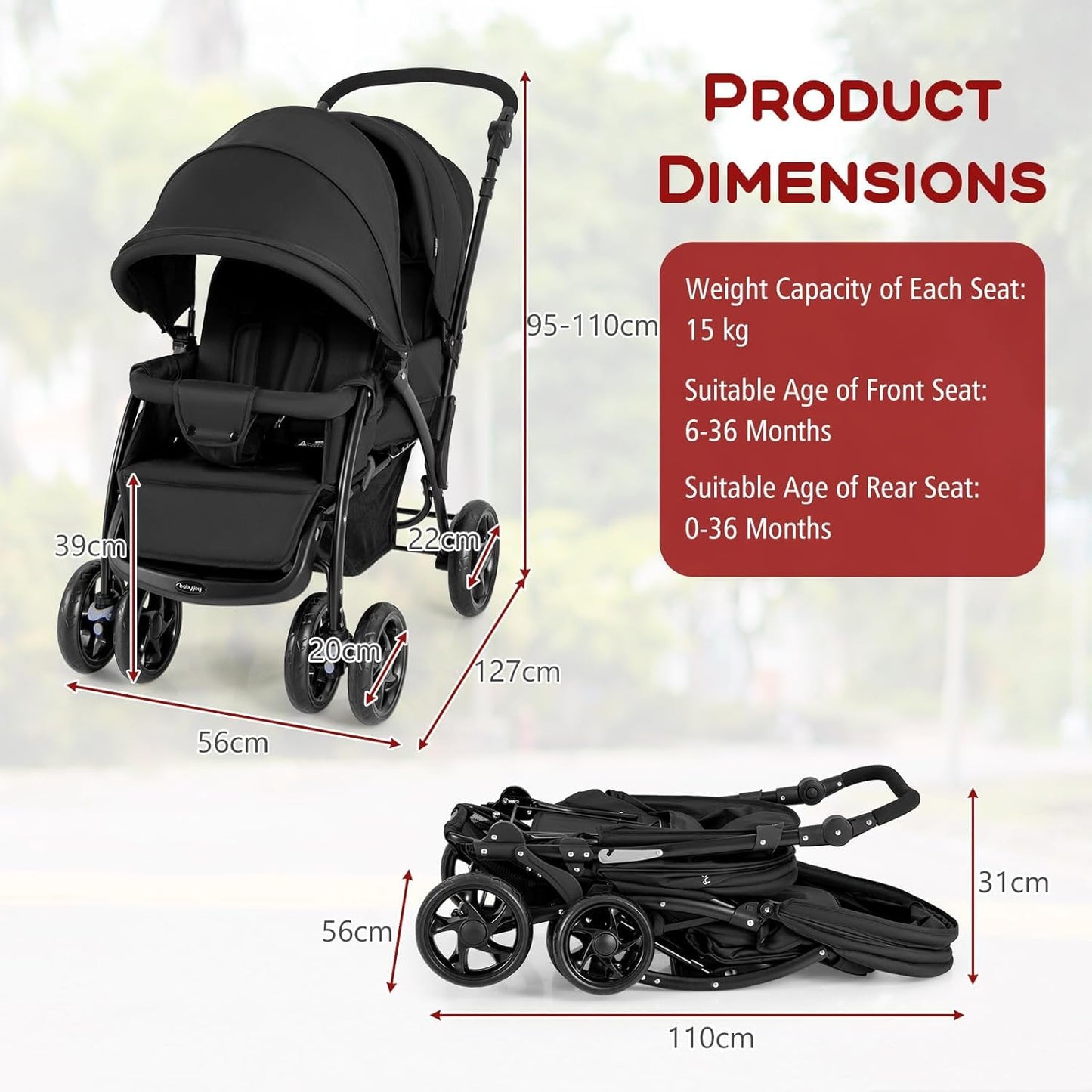 Foldable Twin Stroller, Double Baby Pushchair w/Multi-Level Backrest, Canopy, Handle & Footrest, Safety Belt & Brake System, Travel Tandem Seating Stroller w/Lockable Wheels (Black)