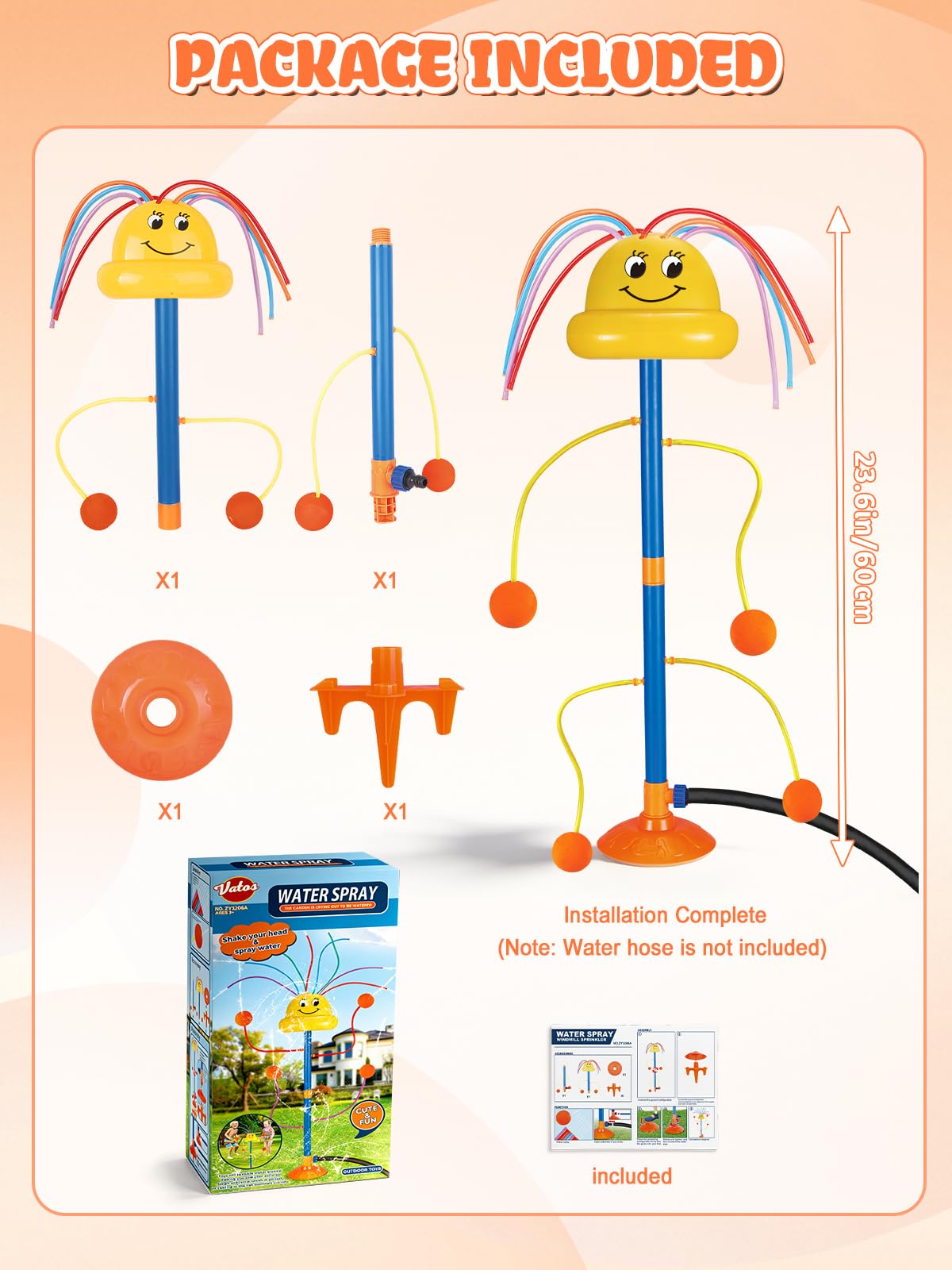 VATOS Water Sprinkler Outdoor Yard Toy for Kids, Smile Face Rainbow Splash Toy with 8 Wiggle Tubes 4 Nozzle, Backyard Lawn Water Sprinkler, Summer Family Games, Fun Water Toys for Kids 3-8 Boy Girl