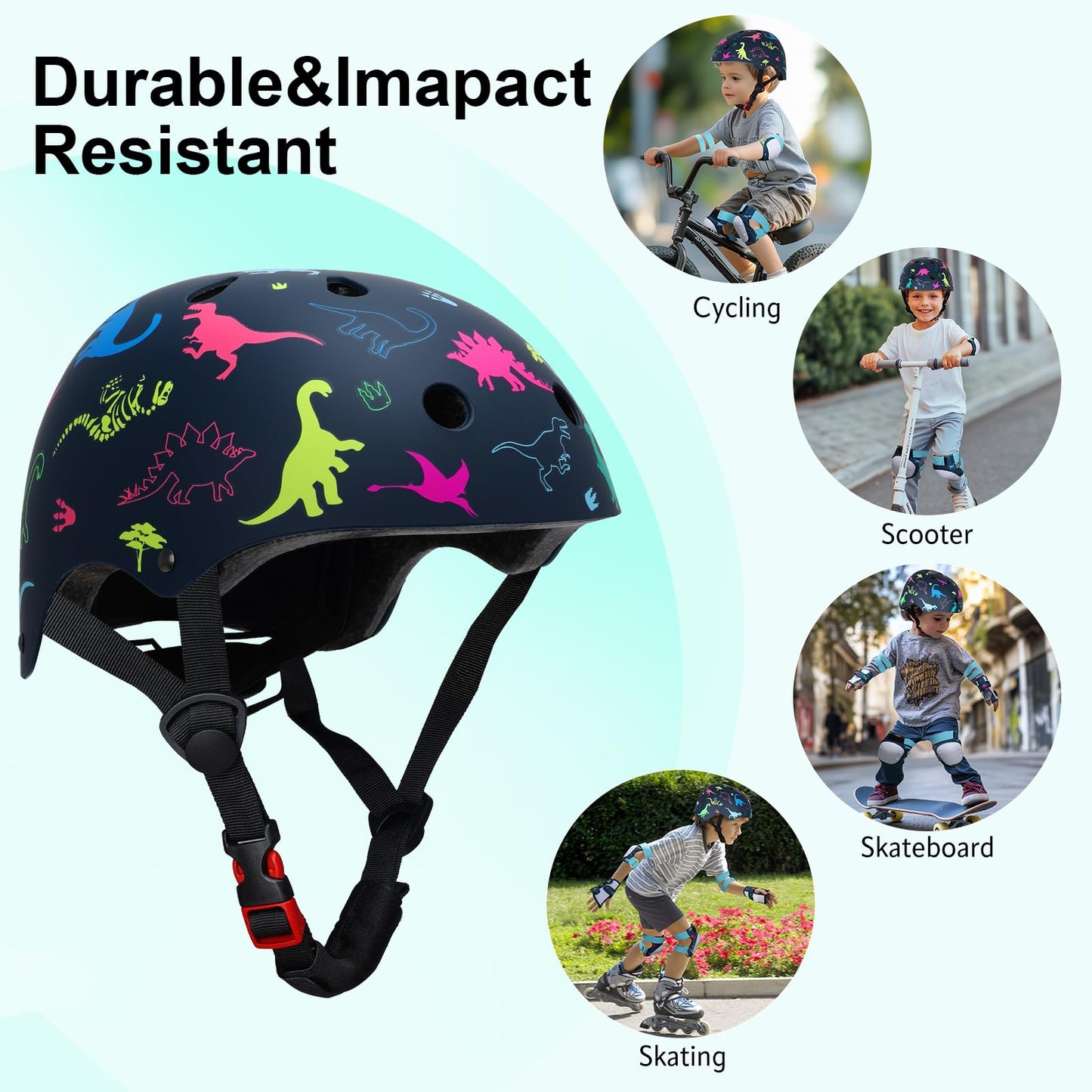 YOOXARMOR Adjustable Kids Bike Helmet Set with Knee Pads Elbow Pads Wrist guards for Toddler Age 3-5-8 Boys Girls,Child Safety Protective Gear Set for Inline Skating/Skateboard/BMX/Bike/Scooter