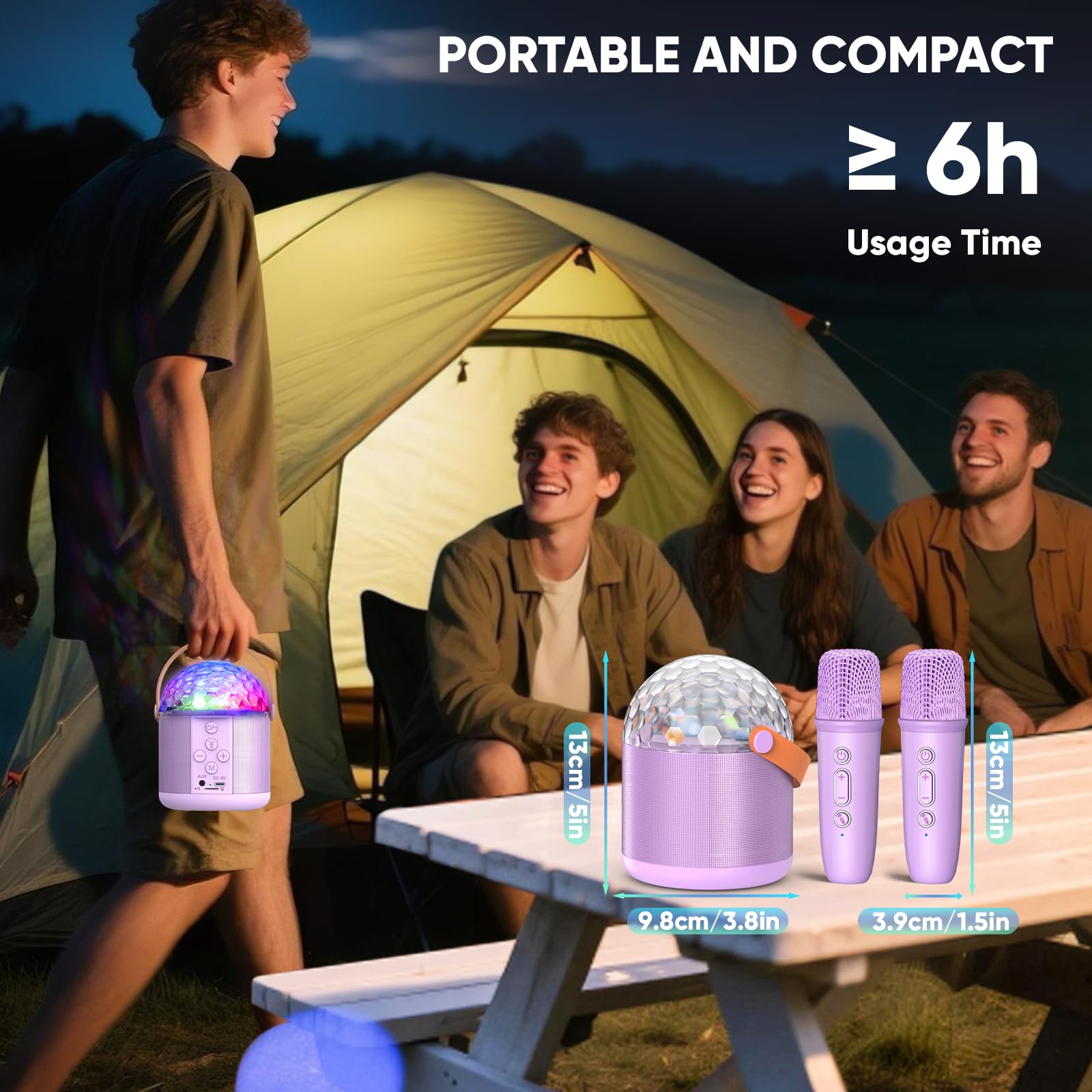 Dislocati Girls birthday mini karaoke machine with two microphones, LED lights, and colorful disco effects for kids and teens.