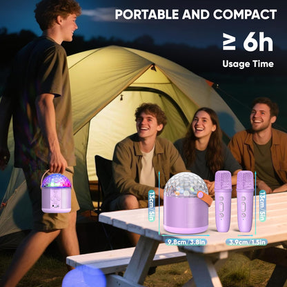 Dislocati Girls birthday mini karaoke machine with two microphones, LED lights, and colorful disco effects for kids and teens.