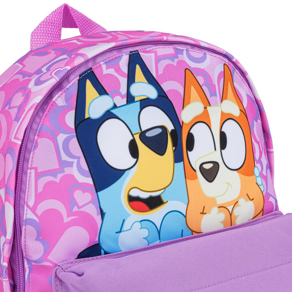 Bluey girls toddler backpack in lilac with heart print, featuring kangaroo pocket and padded straps, ideal for kids aged 2-7.