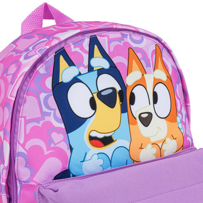 Bluey girls toddler backpack in lilac with heart print, featuring kangaroo pocket and padded straps, ideal for kids aged 2-7.