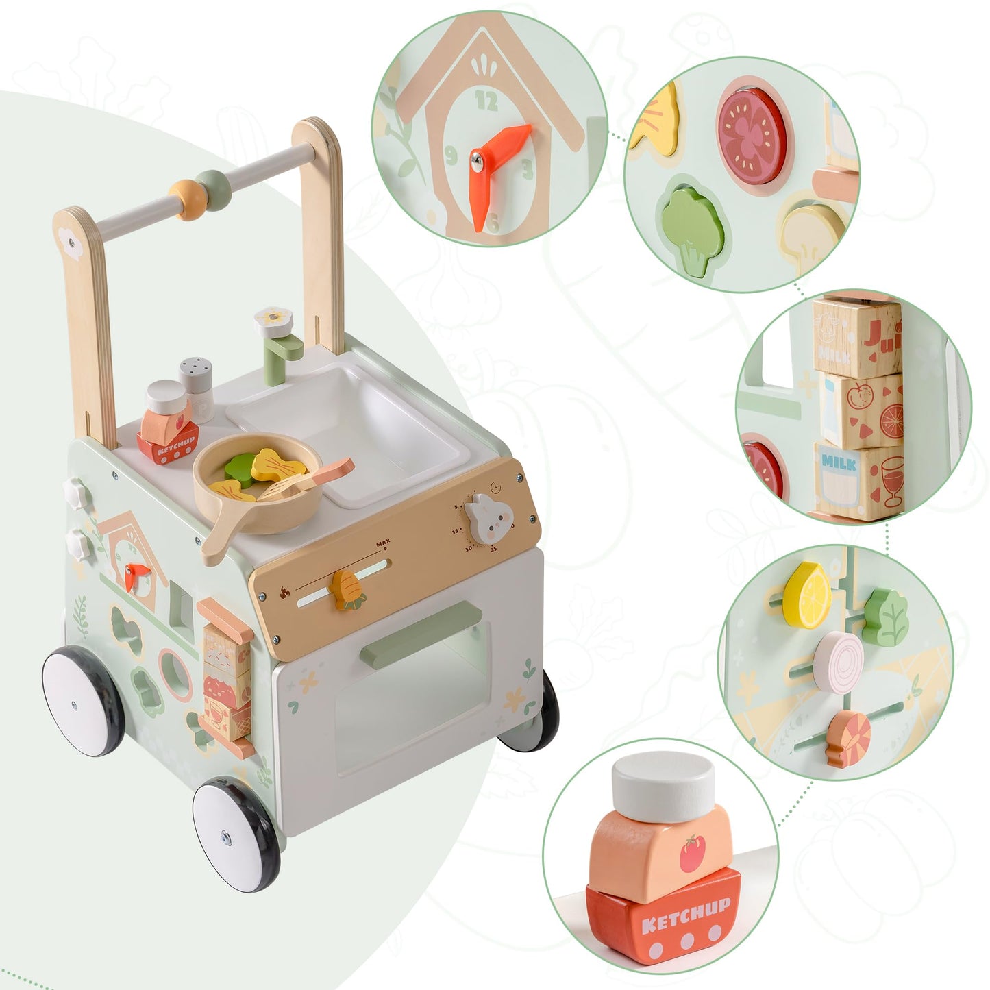 Robud wooden baby walker with adjustable height and speed, sensory play features, storage basket, and natural wood finish for toddlers
