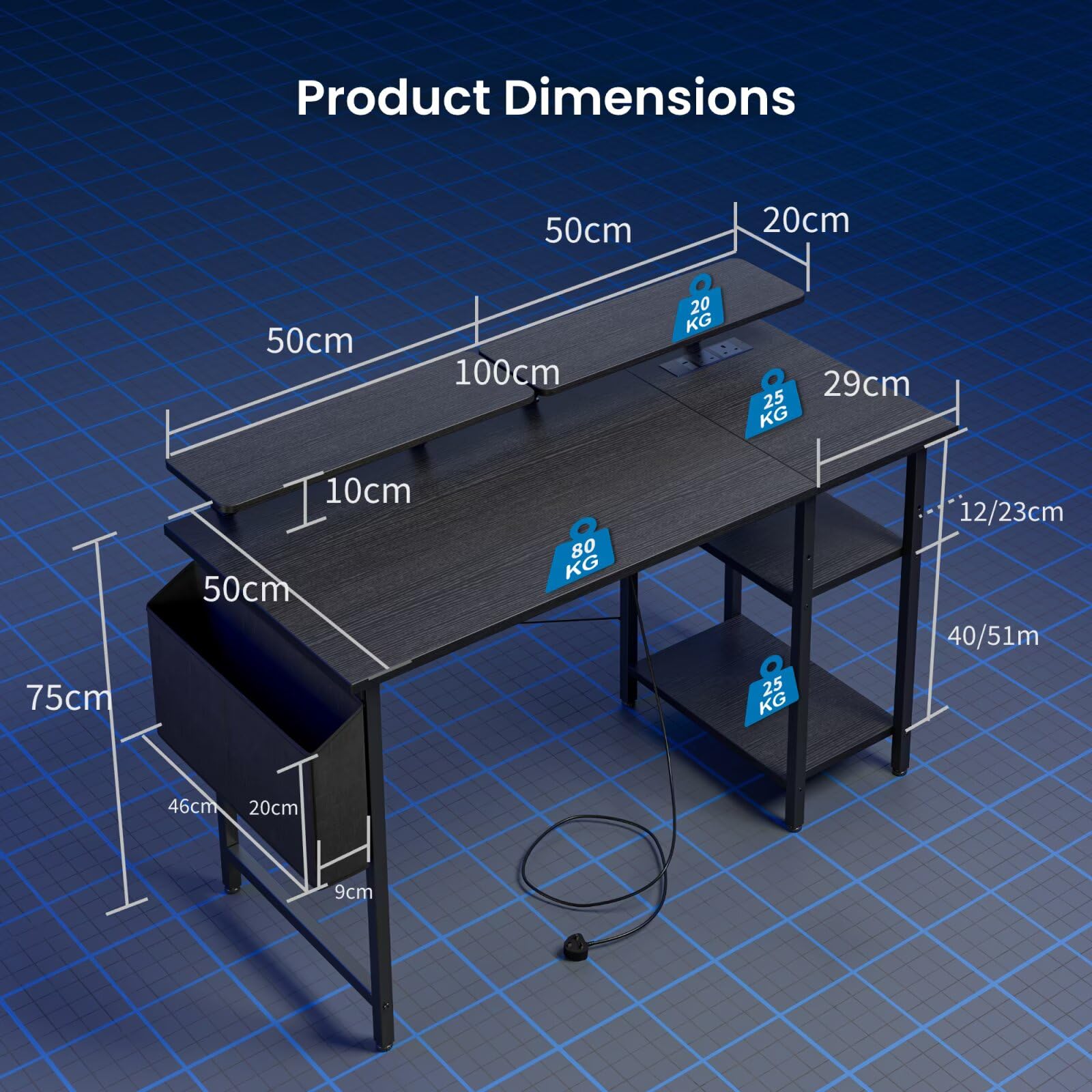 Black DOMSHOCT gaming desk with LED lights, power outlets, reversible design, storage shelves, perfect for home office and study.
