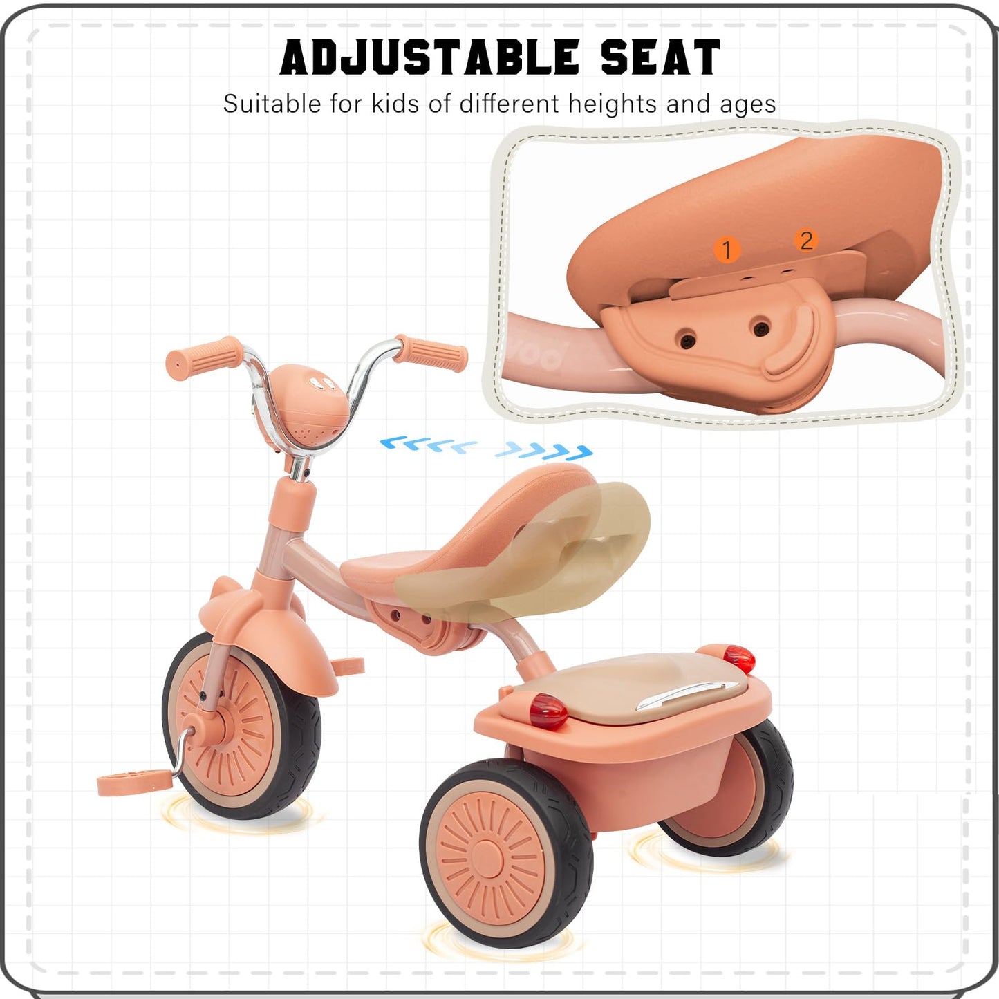 UBRAVOO Baby Tricycle, Foldable Toddler Trike with Pedals, Cool Lights, Durable Wheels and Comfortable Seat, Baby First Walker Trike for 1-5 Years Old Girls, Boys (Pink-black)