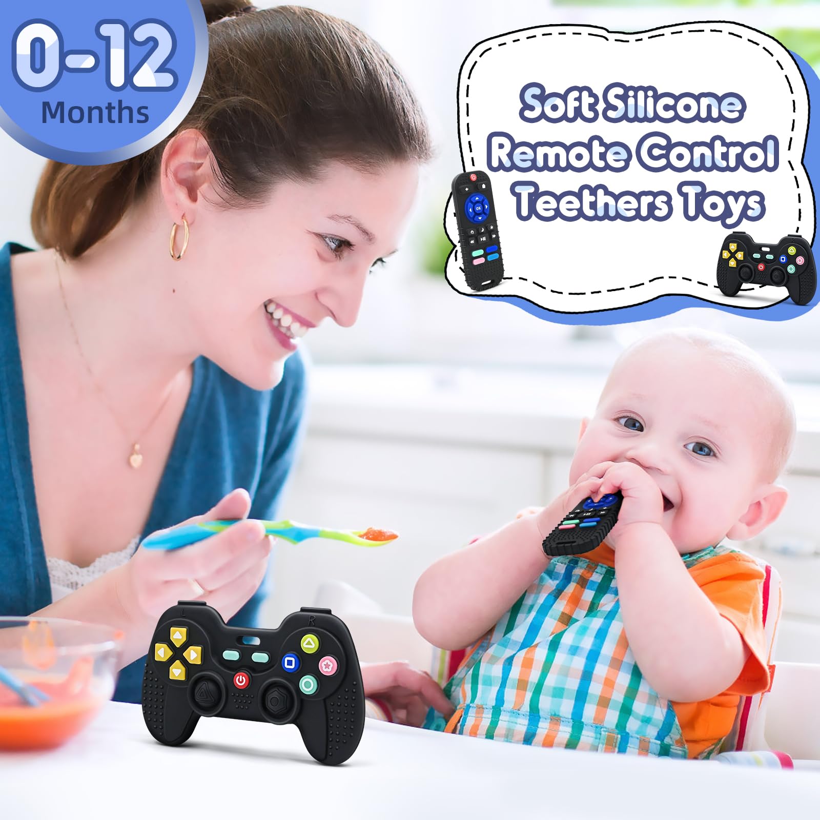 Mailesi black food-grade silicone teething sensory toys for babies, featuring remote control design for infants 0-12 months.
