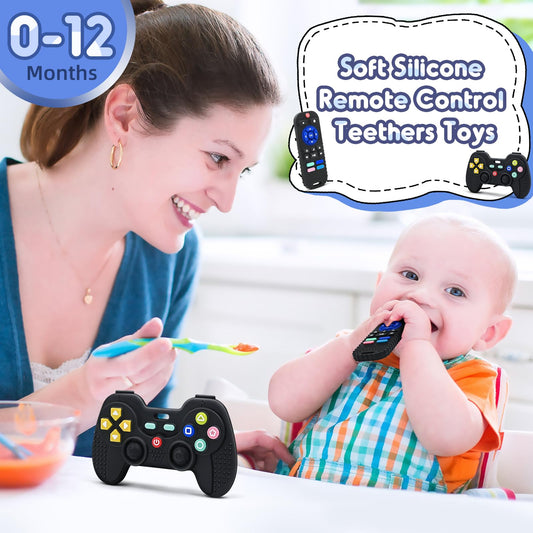 Mailesi black food-grade silicone teething sensory toys for babies, featuring remote control design for infants 0-12 months.