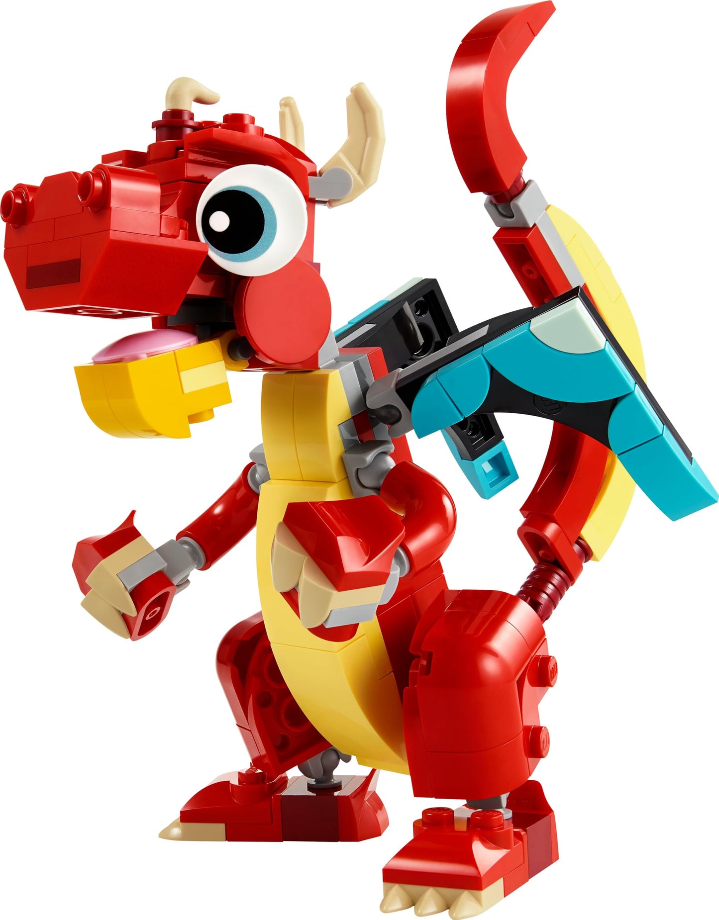 LEGO Creator 3in1 set featuring a red dragon, fish figure, and phoenix bird model for kids aged 6 and up.