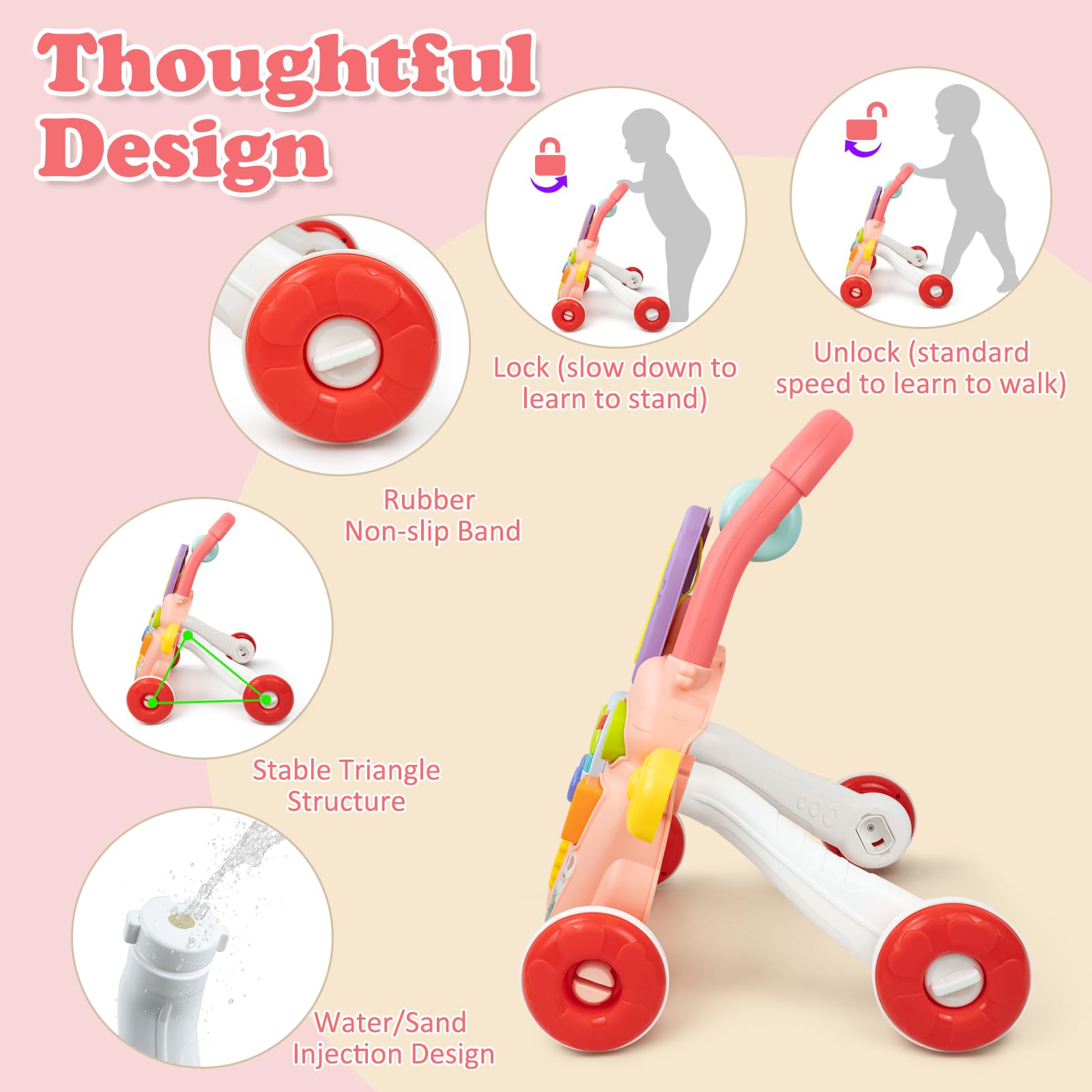 KalaDuck pink baby walker with push handle, music, drawing board, and educational activity features for babies 6 months and up.