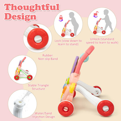 KalaDuck pink baby walker with push handle, music, drawing board, and educational activity features for babies 6 months and up.
