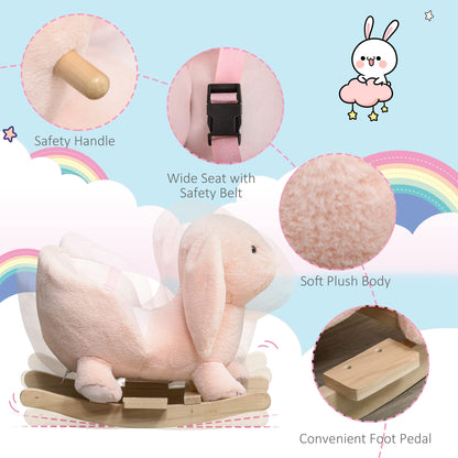 HOMCOM Kids Rocking Rabbit, Plush Rocking Horse Ride-On w/Sound, Wood Base, Seatbelt, for Ages 18-36 Months, Pink