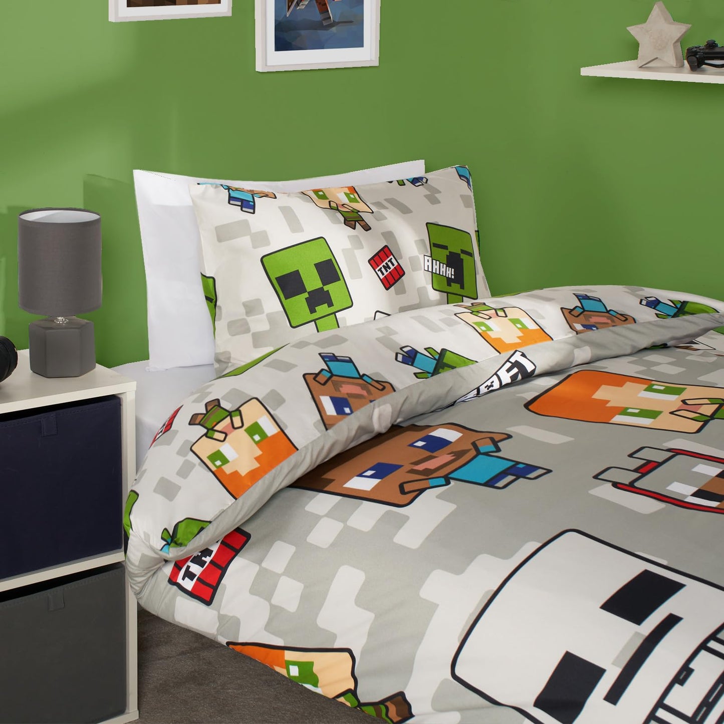 Minecraft Bedding Single, Bedroom Accessories for Boys Duvet Sets for Single Bed Duvet Reversible Characters A Minecraft Movie Gifts, Grey