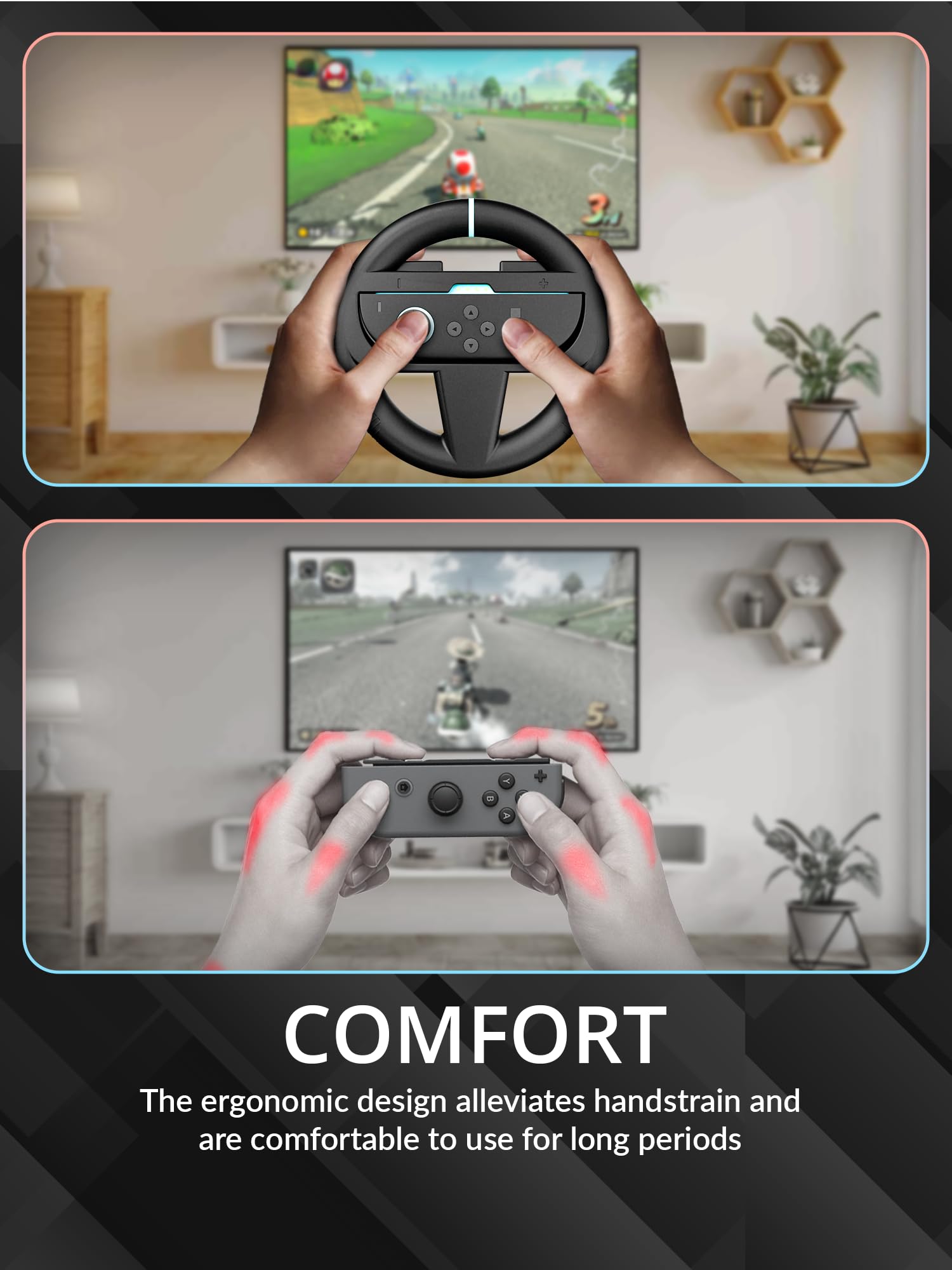 Two black Orzly steering wheel accessories for Nintendo Switch Joy-Con controllers, compatible with Switch 2 racing games.
