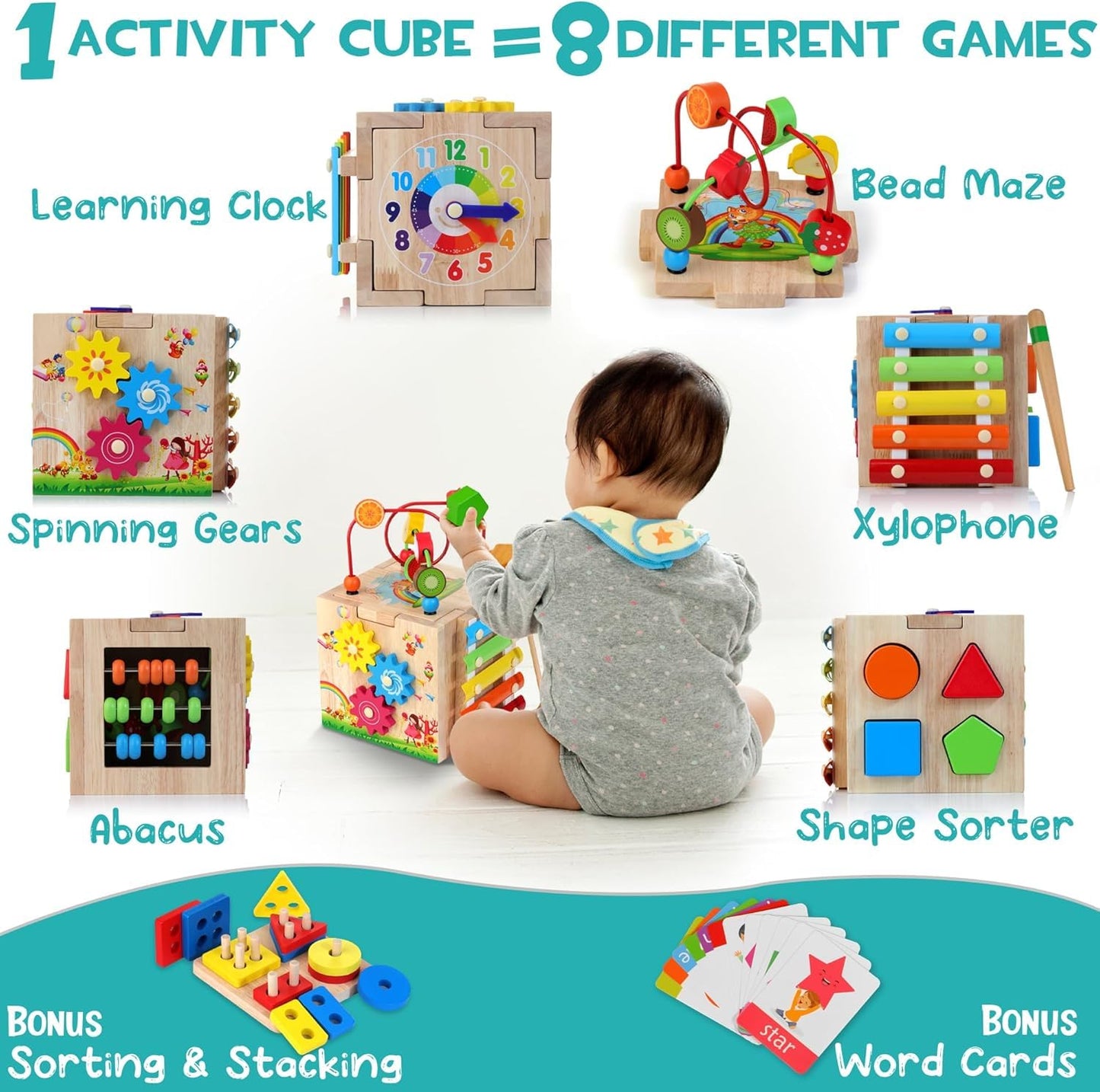 HELLOWOOD wooden activity cube for babies with bead maze, shape sorter, abacus, xylophone, clock, and educational STEM toys for toddlers