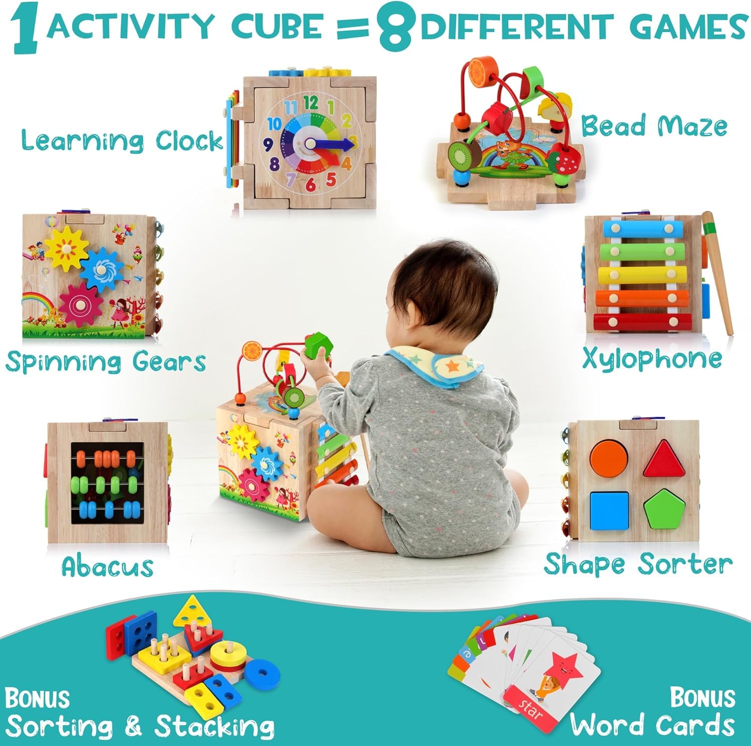 HELLOWOOD wooden activity cube for babies with bead maze, shape sorter, abacus, xylophone, clock, and educational STEM toys for toddlers