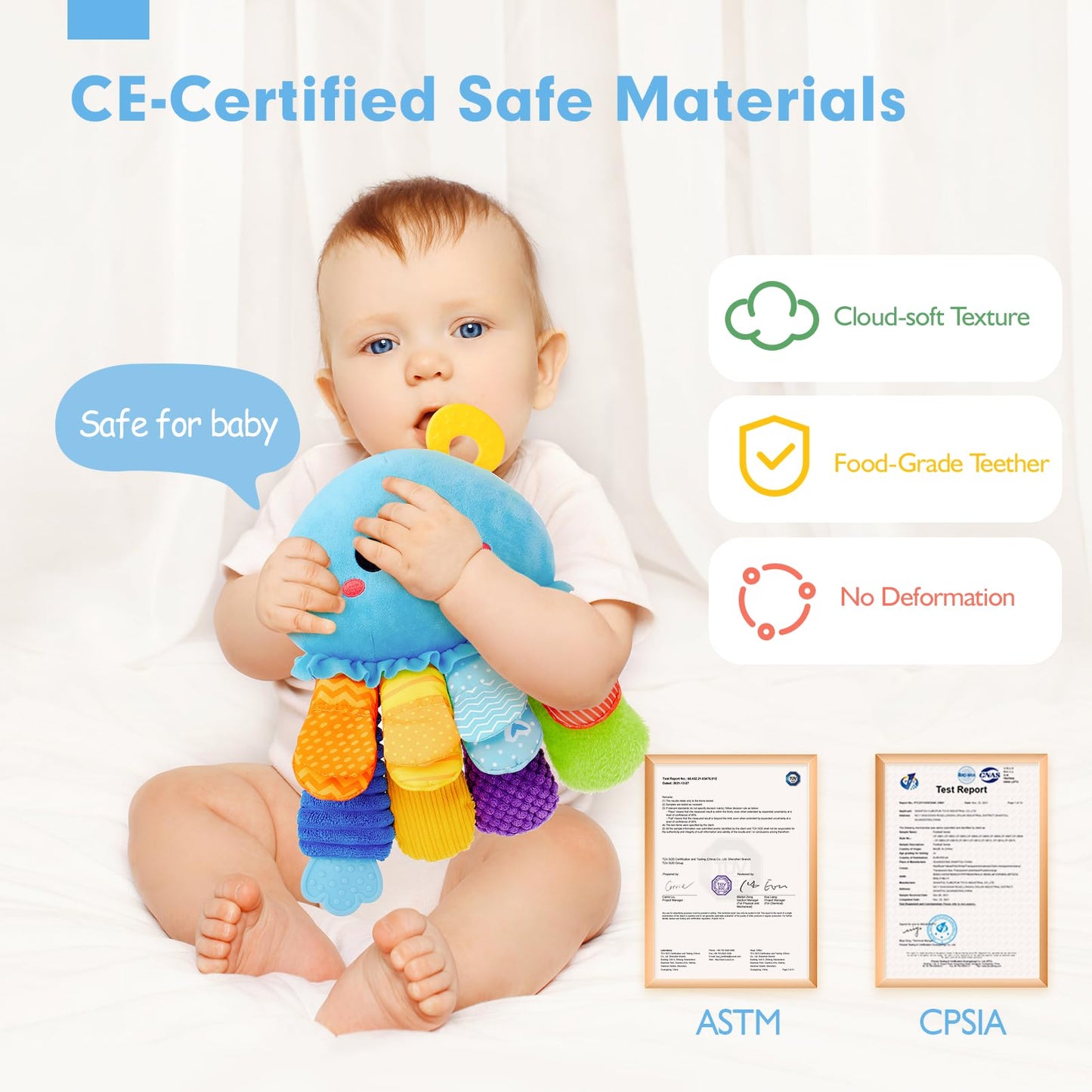 hahaland 8-in-1 Tummy Time Sensory Toy - 3+ Months Baby Rattle, Mirror & Teether Plush Toy - 0-12M Newborn Gift for Boys & Girls, Washable Soft Fabric, Octopus Montessori Toy